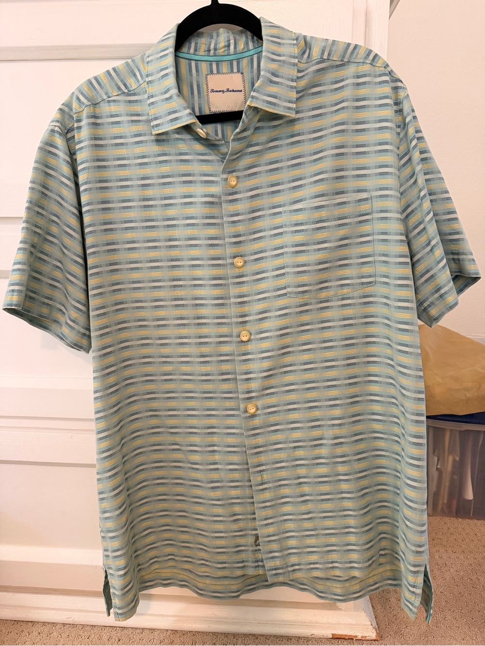 Tommy Bahama Aqua and Yellow Striped Short-Sleeve Button Shirt